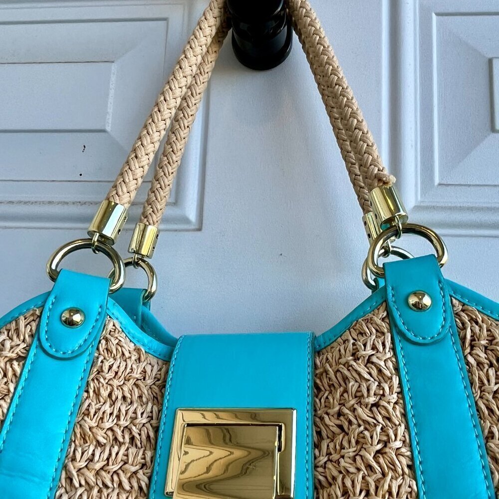 Talbots Large Woven Paper Straw Tote Bag Turquoise Blue Leather Trim Gold - Picture 2 of 12